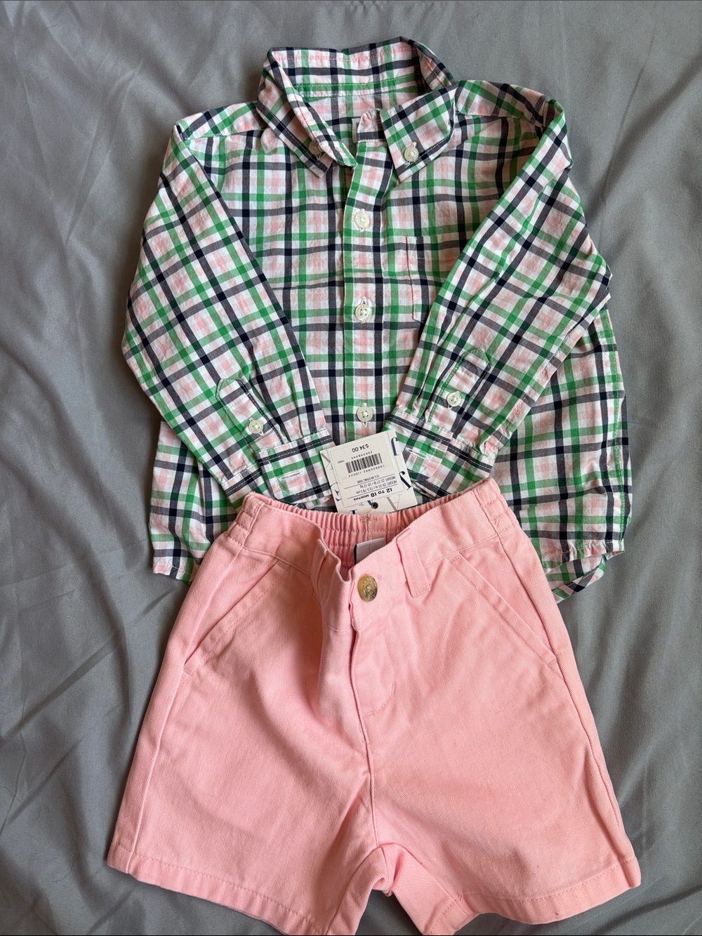 Janie and Jack Pink Cotton Shorts with Green & Navy Plaid Shirt